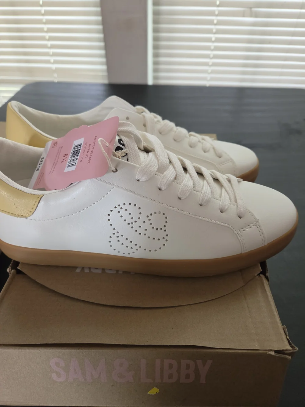 Sam & Libby Women's bright white  Leather Lace-Up Sneakers with Yellow Accent